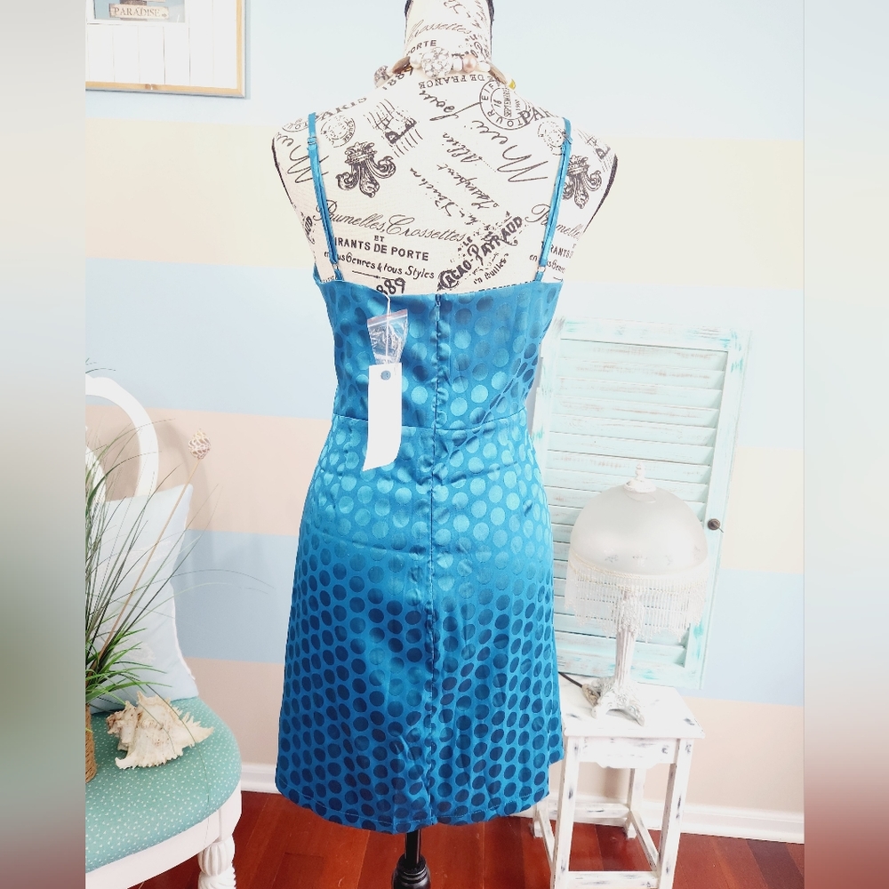 NWT LuLus Lush Celine Teal Blue Satin Polka Dot Twist-Front Mini Dress - Picture 5 of 10